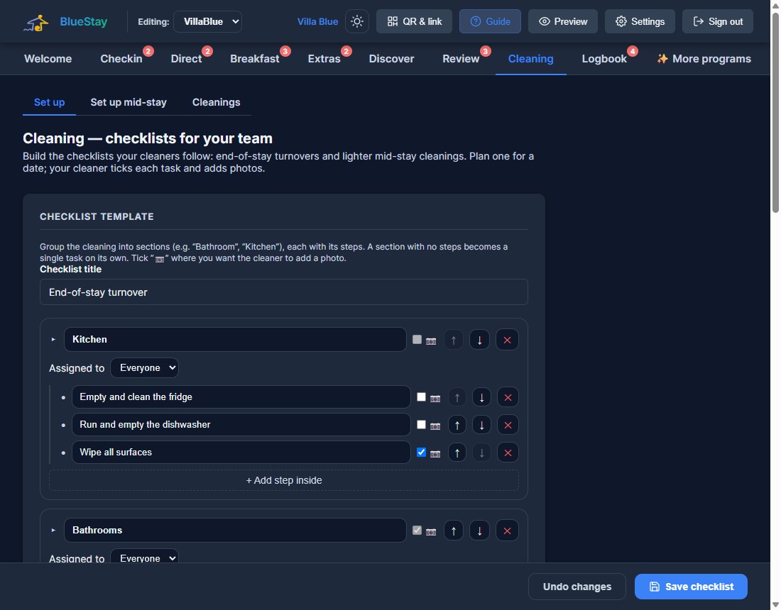Owner view — checklist builder