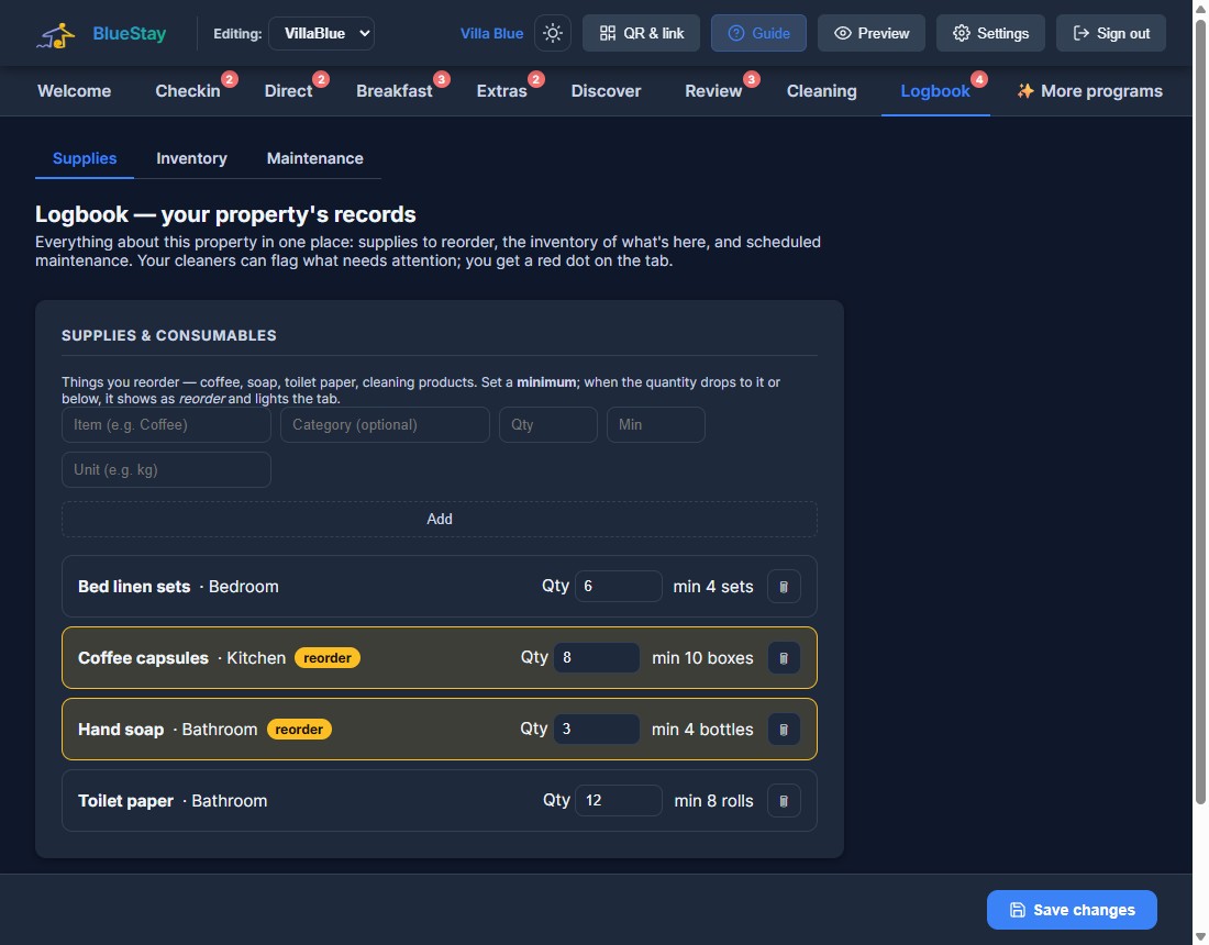 Owner view — logbook