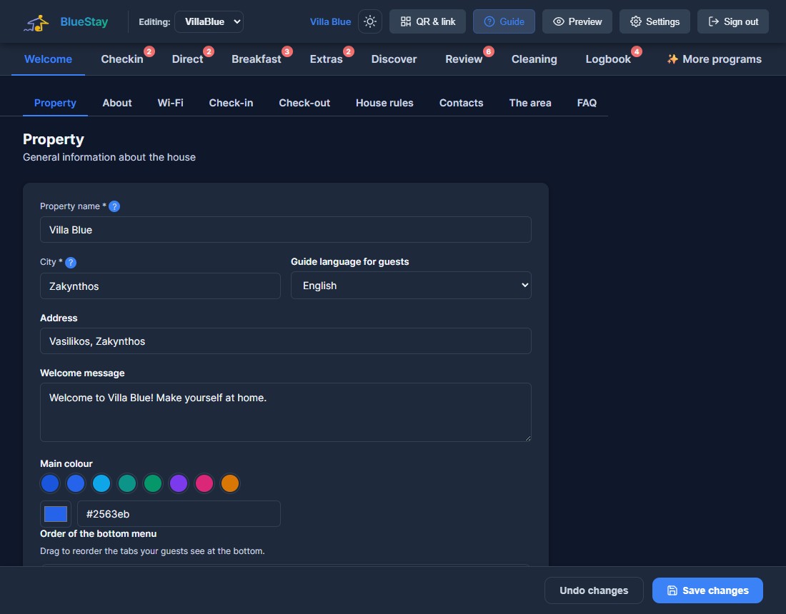 Owner view — BlueWelcome admin panel