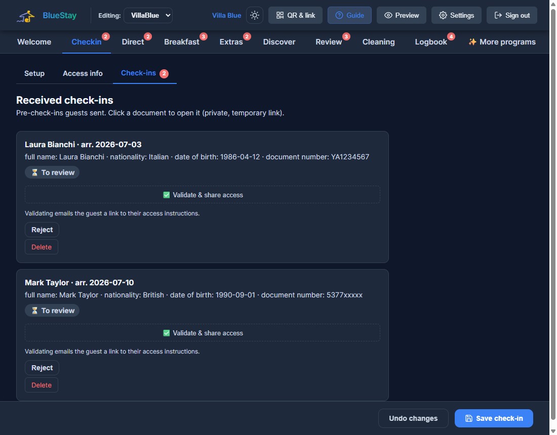 Owner view — received check-ins