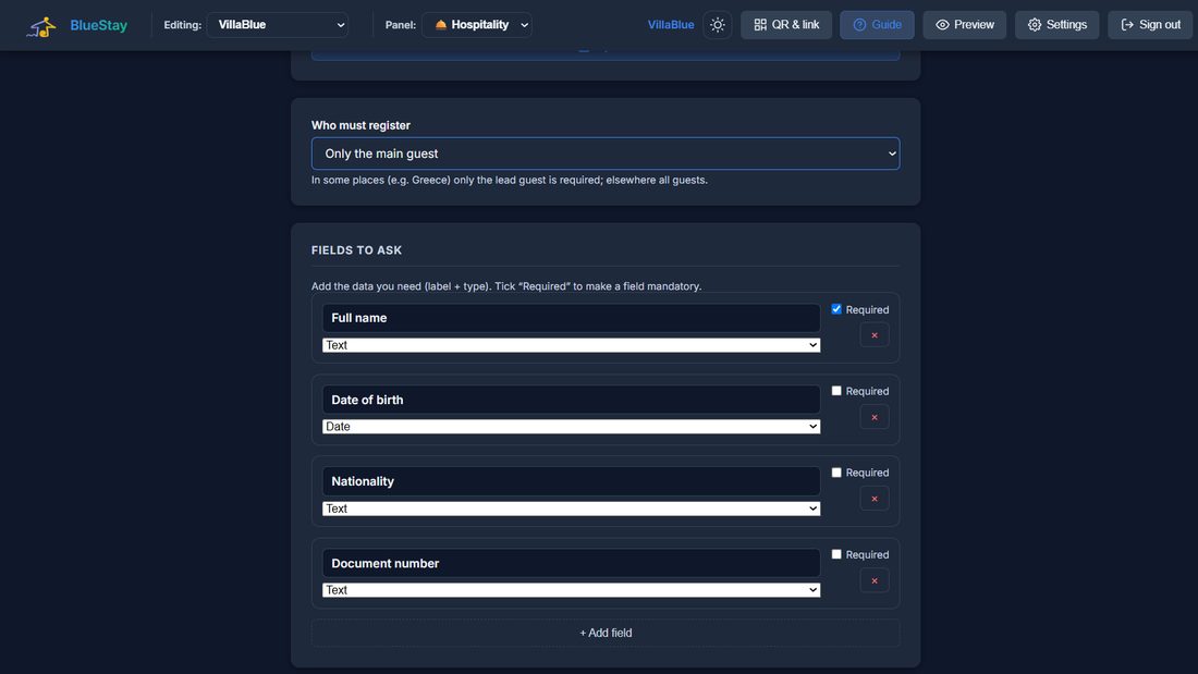 Choosing the fields of the check-in form