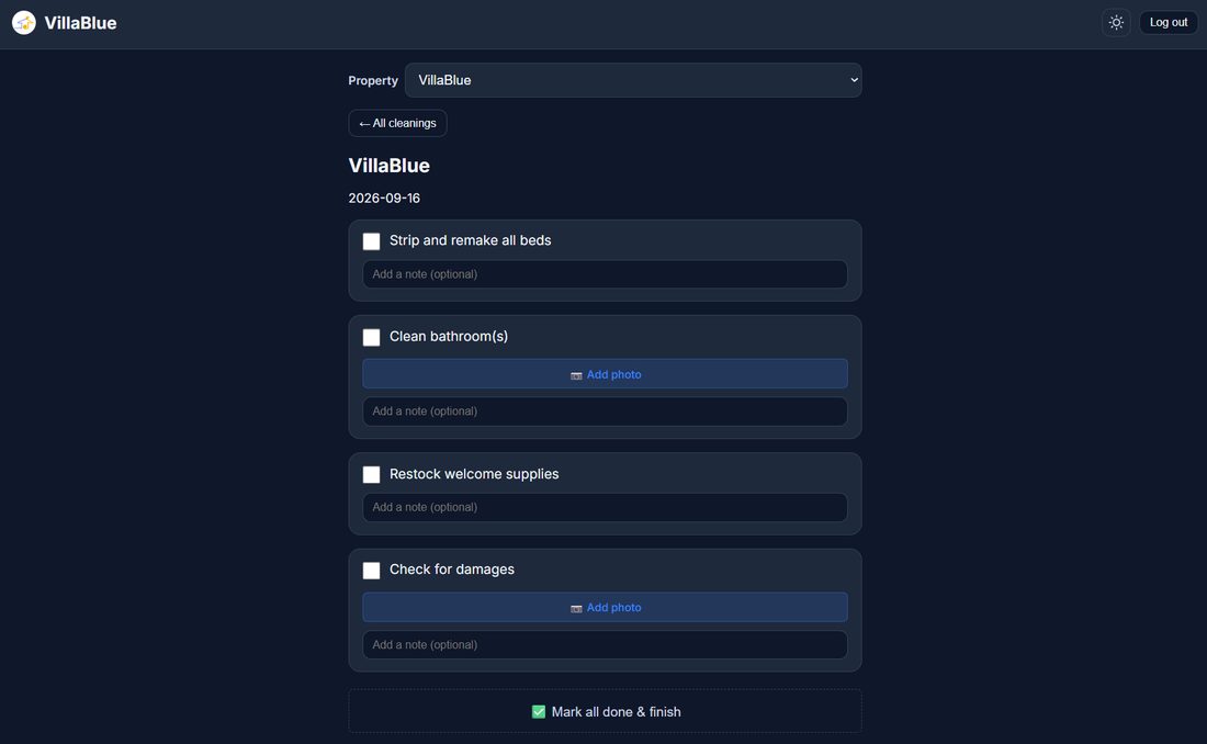 The cleaner's screen — checklist with photos and notes