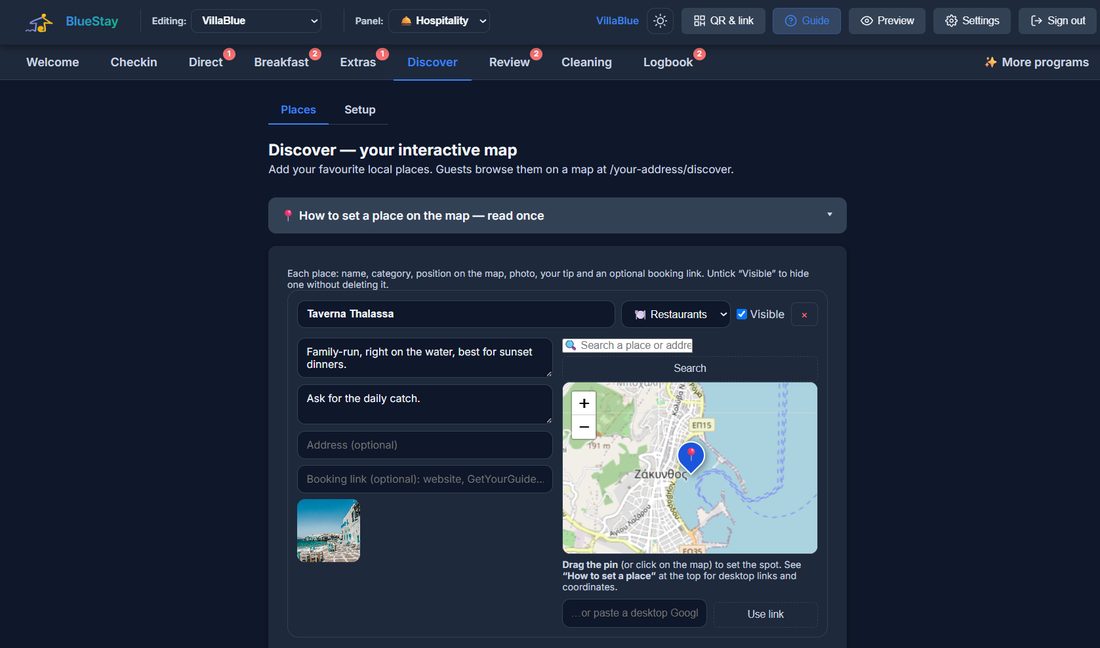 Adding a place: photo, description, your own tip and the pin on the map