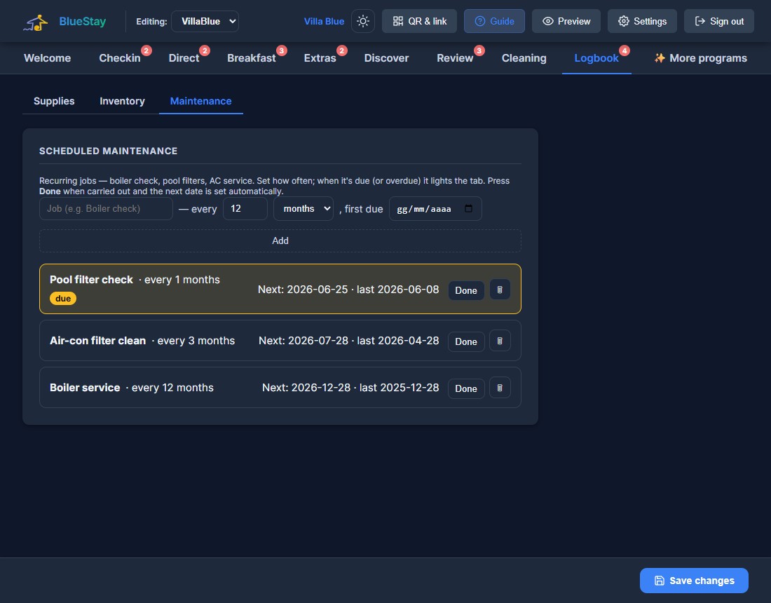 Owner view — maintenance schedule