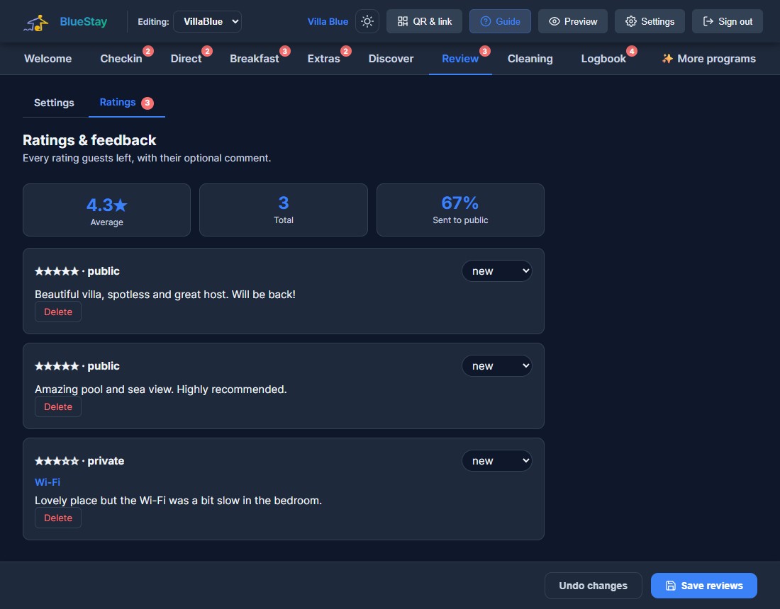 Owner view — ratings & feedback