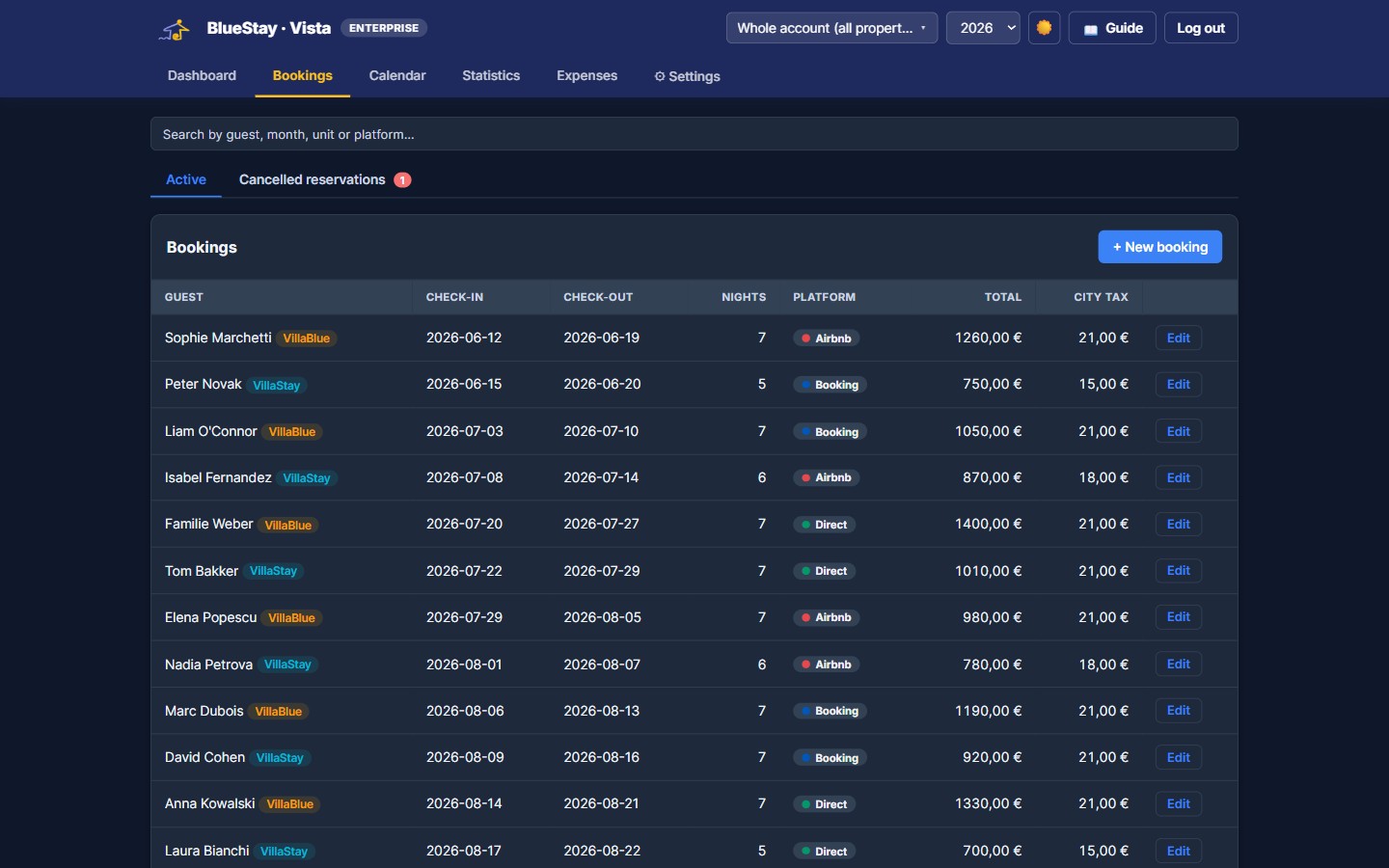 Vista — bookings view