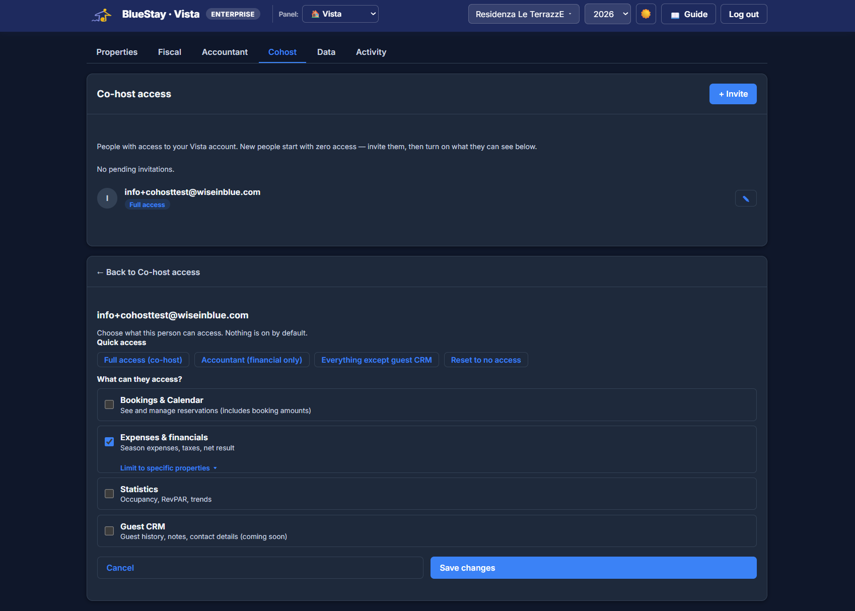 Vista — granular co-host permissions by category and property