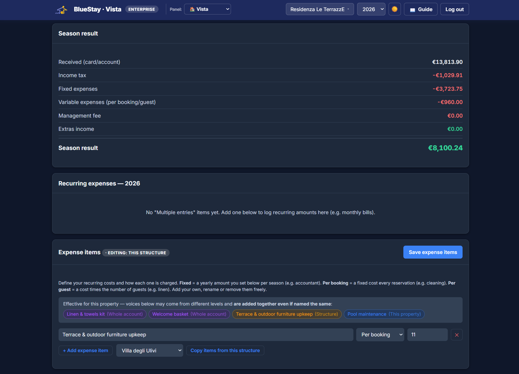 Vista — expense items across account, structure and property levels