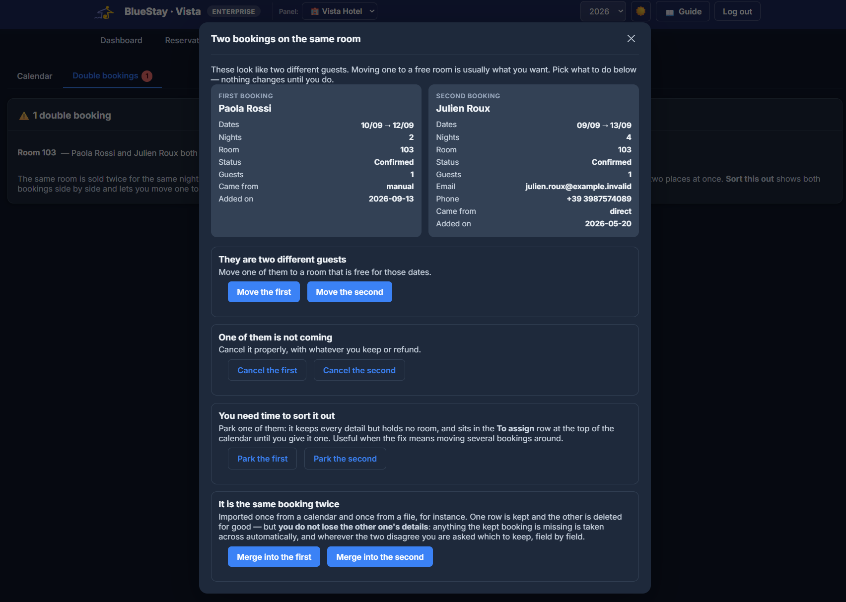 Vista Hotel — double booking resolution with move, cancel, park and merge