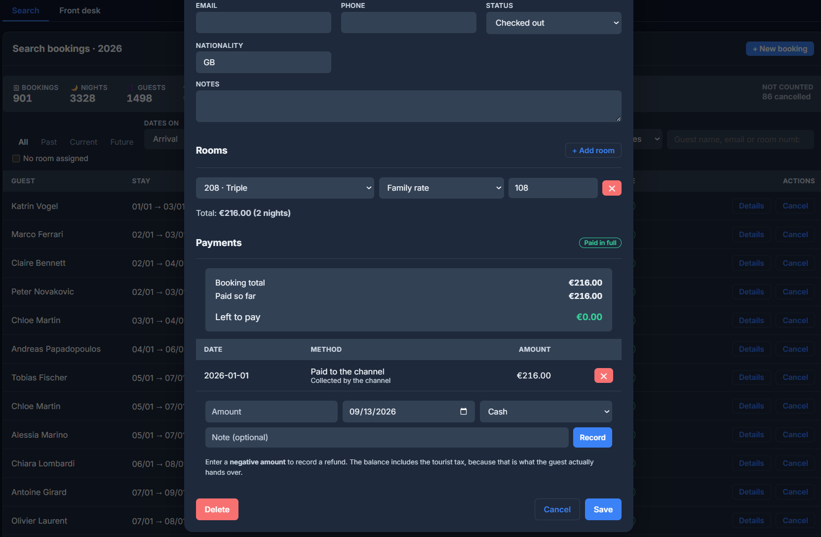 Vista Hotel — booking payments: deposits, balance and what is left to pay