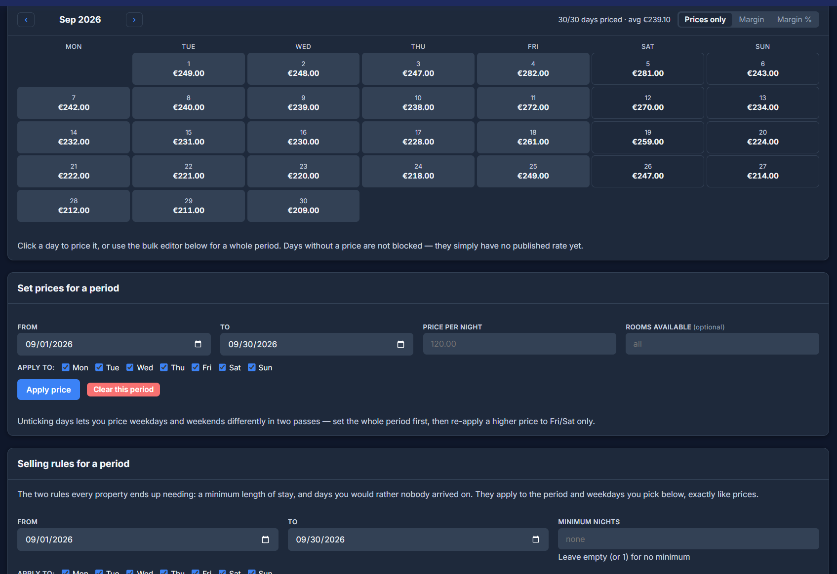 Vista Hotel — rates calendar with bulk pricing and selling rules
