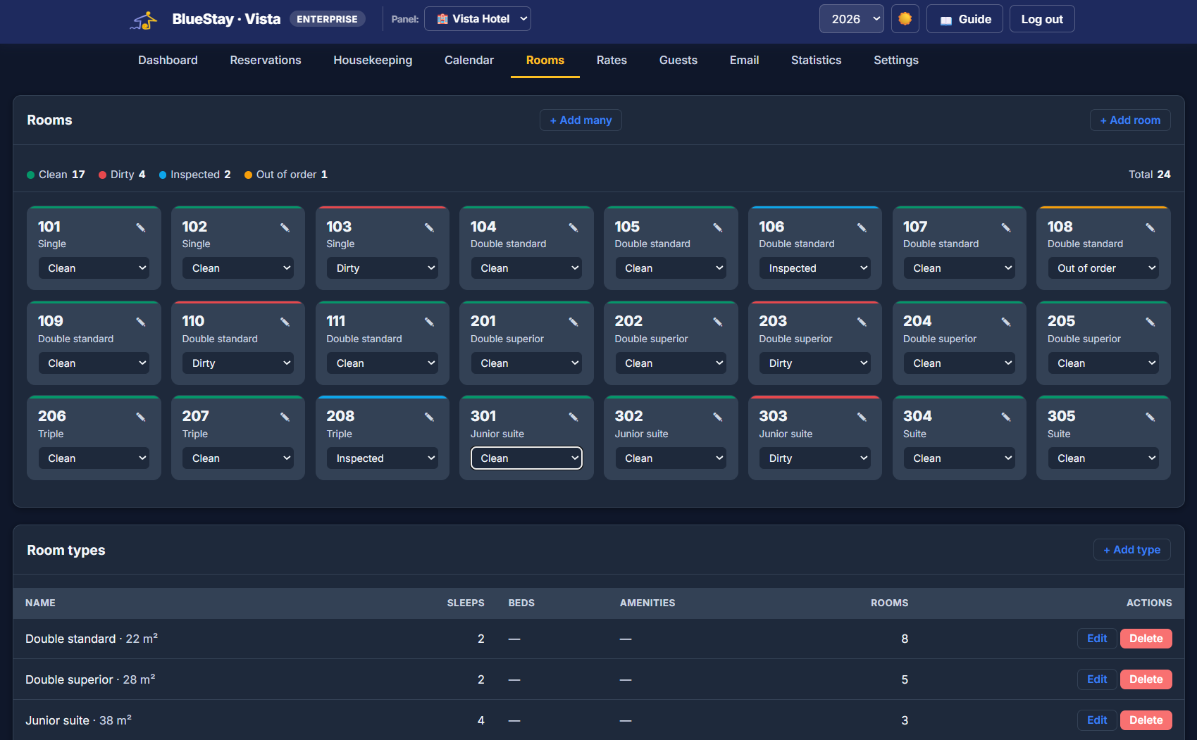Vista Hotel — room grid with live housekeeping status