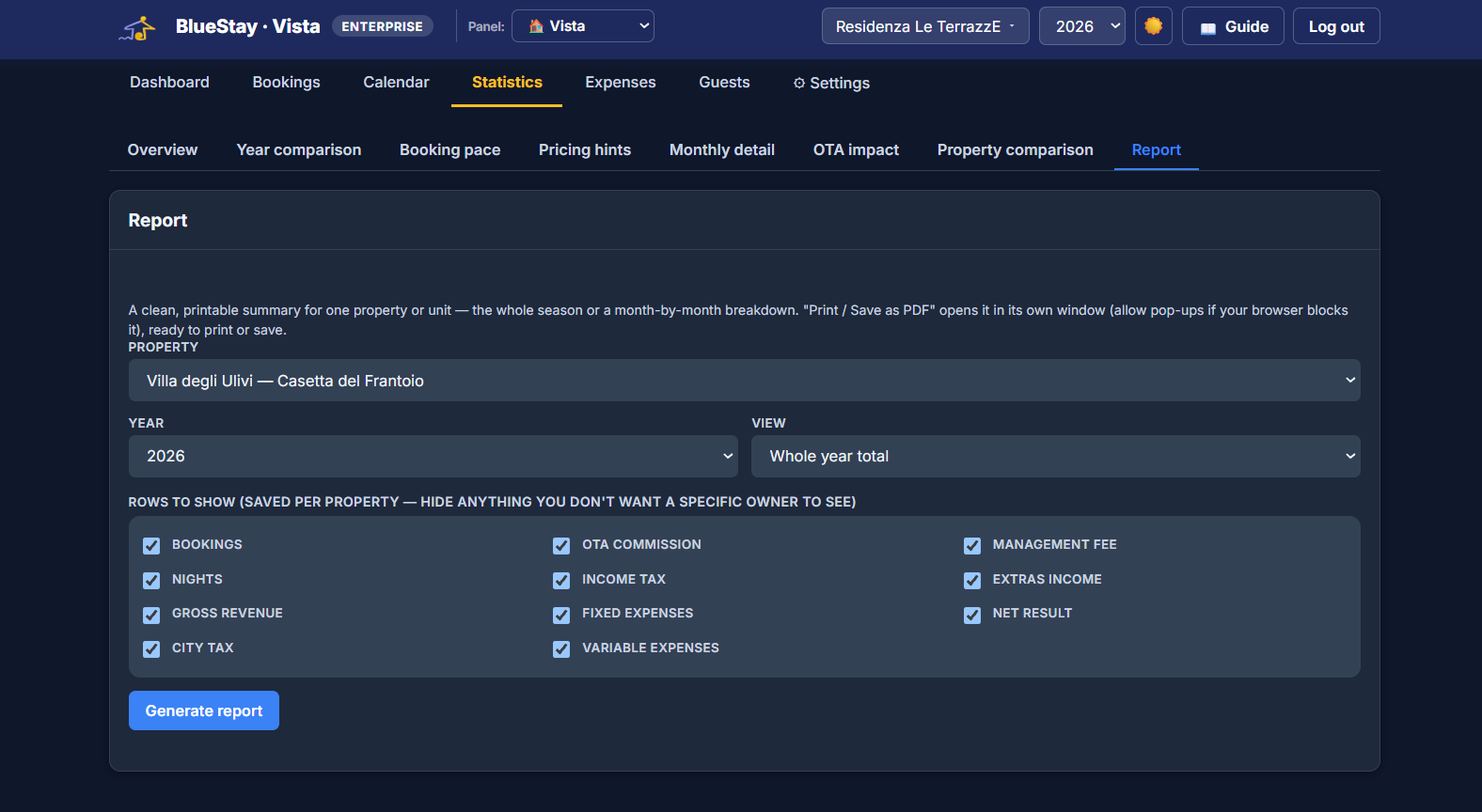 Vista — owner report builder with selectable rows