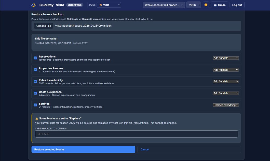 Vista — restoring a backup block by block, with record counts